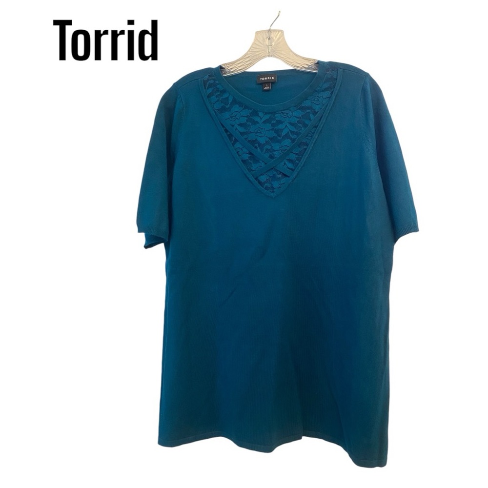 Torrid Teal Knit Short Sleeve Sweater lace inset sz 1